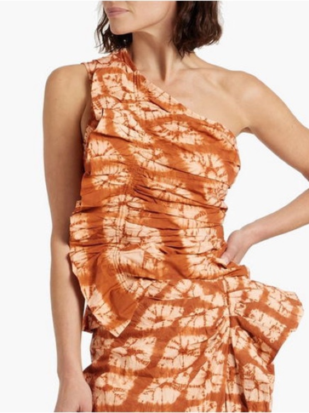 Ulla Johnson One-Shoulder Ruffle Tie-Dye Top in Rust and Cream